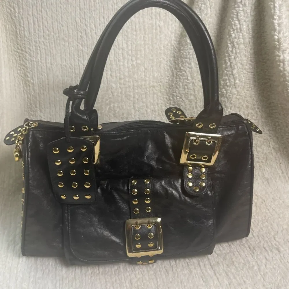 CMZ Stylish Synthetic Black Medium Satchel with Gold Studs Accents.